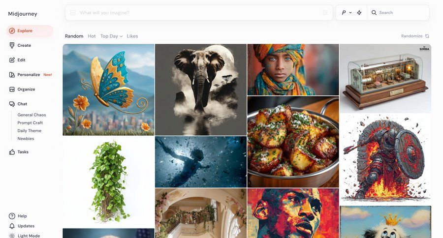Midjourney
			 artificial intelligence grid content discovery navigation bar image gallery search bar ui page example
