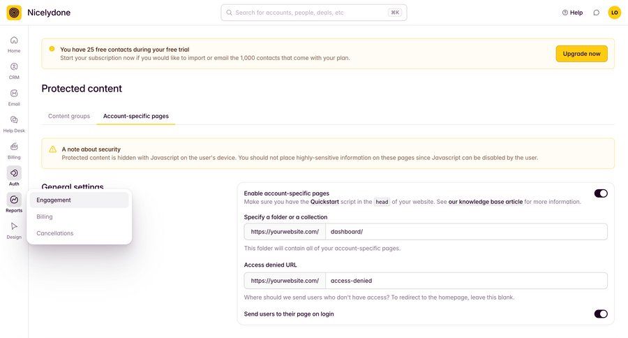 Outseta
			 configuration settings sidebar navigation form access control full-screen layout form layout trial banner security alert menu ui page example