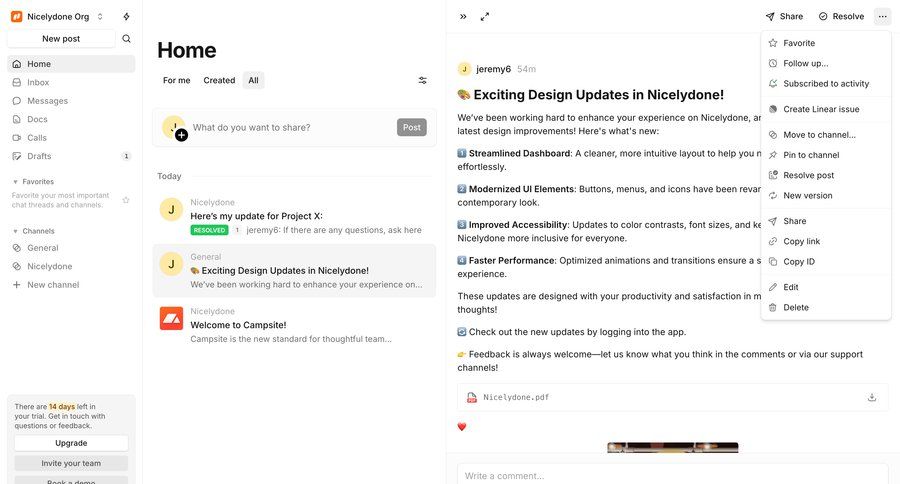 Campsite
			 collaboration team collaboration sidebar navigation project management account management onboarding delete file upload trial banner sidebar user profile personal space communication menu newsfeed chat interface modern dashboard layouts check out comment mode ui page example