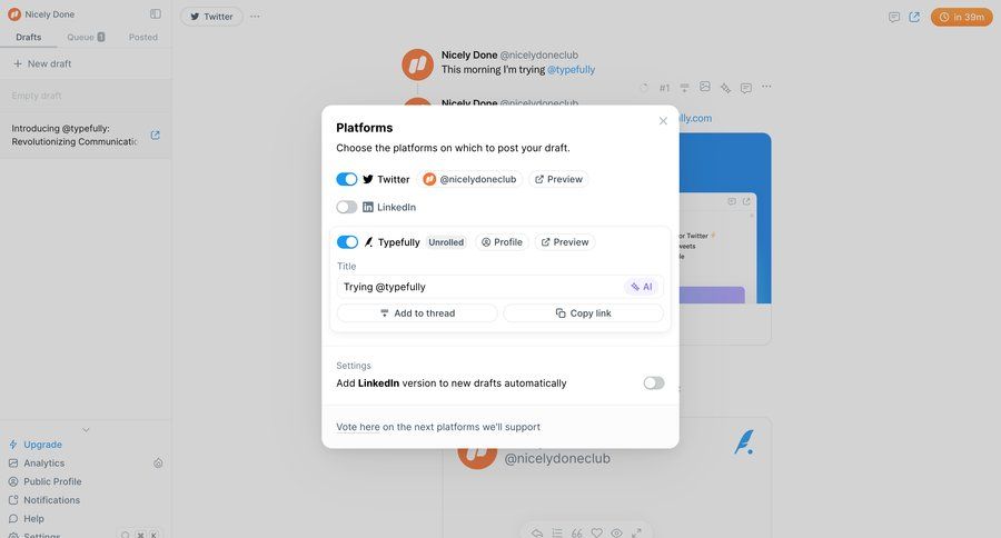 Typefully
			modal & popover sharing settings content management settings modal interaction content scheduling ui page example