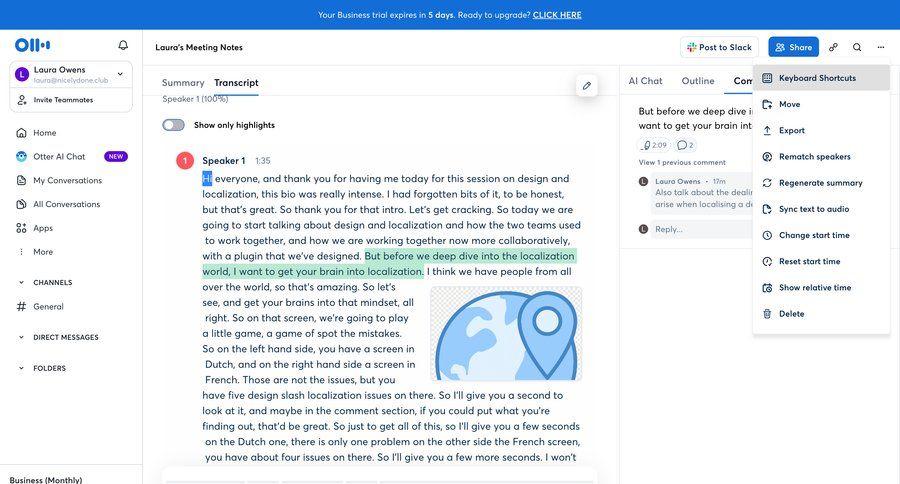 Otter
			 collaboration sidebar navigation content sharing call transcript sidebar communication chat menu tips keyboard shortcuts shortcuts progress bar chat interface review meeting transcript localization sharing ui page example
