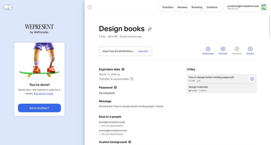 WeTransfer
			detail page sharing settings collaboration delete confirmation file management message product details information page detail view item details info view download sharing ui page example