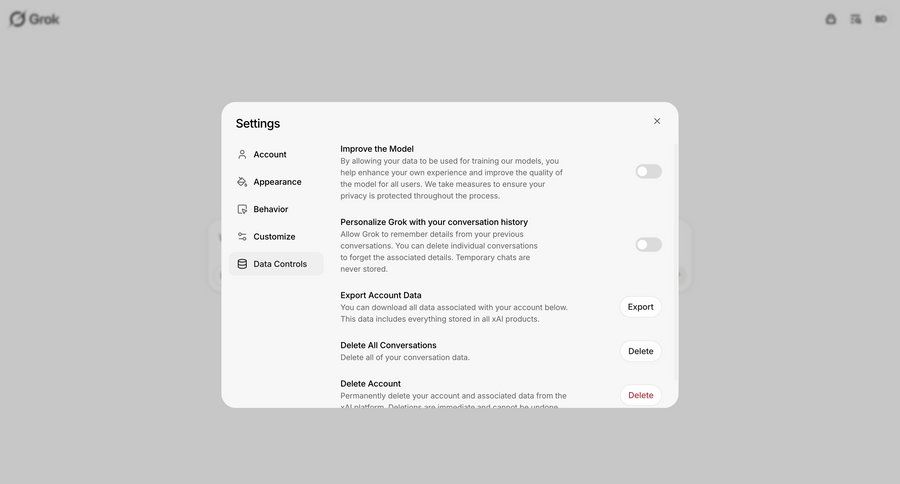 Grok
			 data management configuration settings account management account setup data export account settings account deletion privacy settings call intelligence parameters menu trainings ui page example