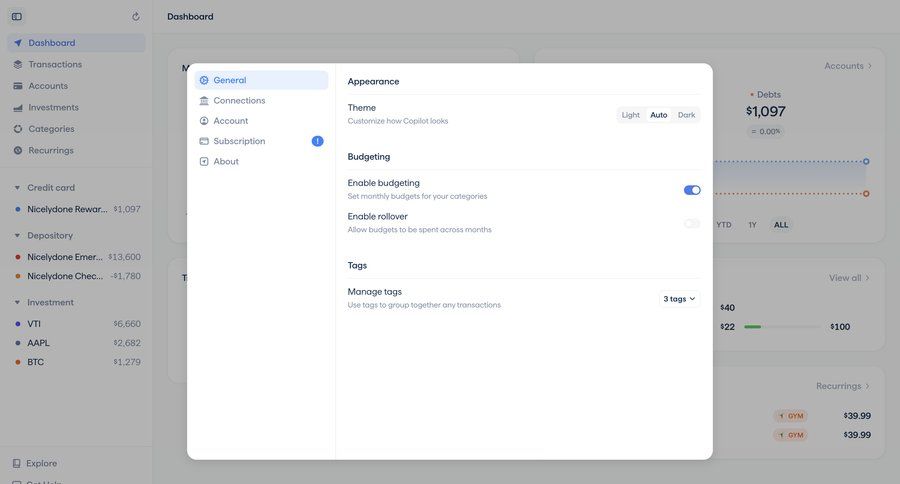 Copilot
			 sidebar navigation settings modal ui page example