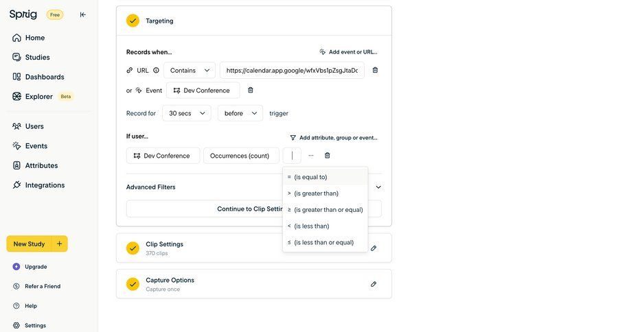 Sprig
			 modal screen configuration settings form user research conditional logic dropdown filters call recording menu advanced search ui page example