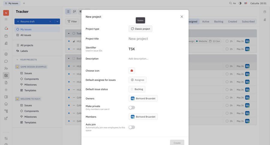 Huly
			 task management project management project setup ui page example