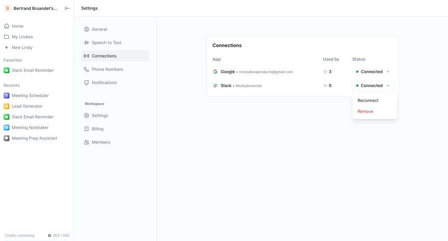 Lindy
			settings integrations table workspace settings settings grid sidebar menu ui page example