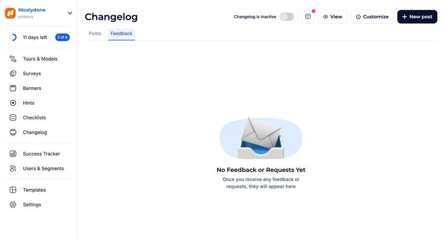 Jimo
			 feedback collection user feedback empty state message empty state illustration sidebar blank state void blank non-ideal state empty page prompt product update changelog update ui page example