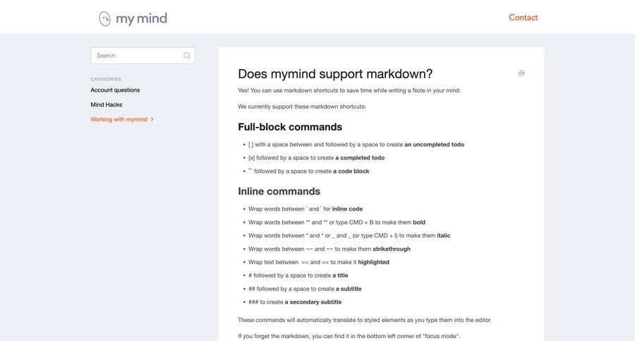 Mymind
			 extend trial mobile doc documentation docs shortcuts inline edit markdown editor ui page example