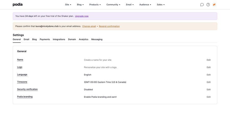 Podia
			 configuration settings e-commerce account management account setup account settings email verification free trial email confirmation payment confirmation timezone selector ui page example