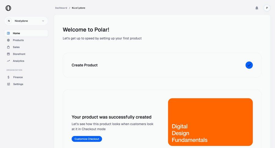Polar
			 e-commerce dashboard sidebar navigation onboarding rounded corners sidebar setup integration checkout screen code snippet ui page example