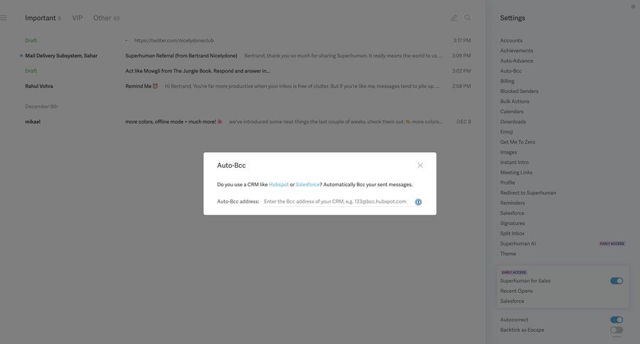 Superhuman
			 settings email integration configuration email management bulk import offline mode modal screen crm integration ui page example