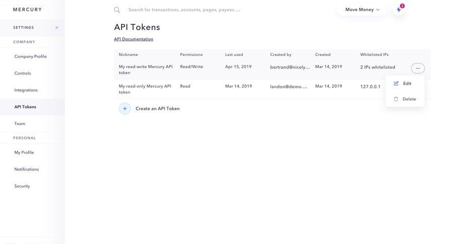 Mercury
			 authentication sidebar menu settings security user management table fintech api management create delete access controls ui page example