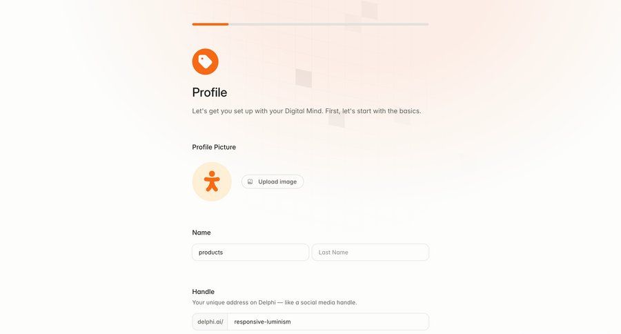 Delphi
			 user account account creation onboarding progress indicator file upload form account management loading upload image full-screen layout ui page example