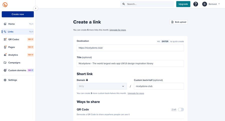 Bitly
			create share form form bulk upload sidebar create generate ui page example