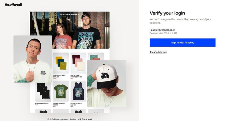 Fourthwall
			 e-commerce user authentication account security authentication full-screen layout login security sign in ui page example