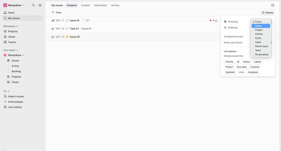Linear
			list filters item settings task management modal screen sidebar navigation project management issue tracking filter controls dropdown filters menu ui page example