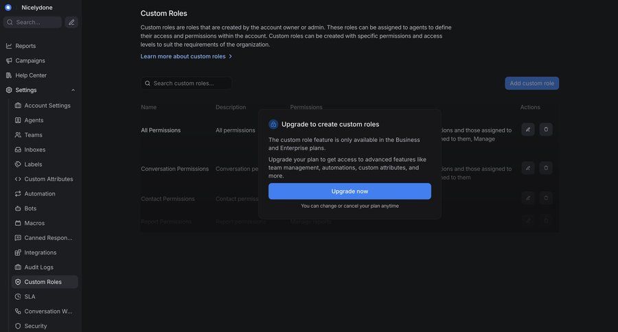 Chatwoot
			 team management paywall upgrade modal ui page example