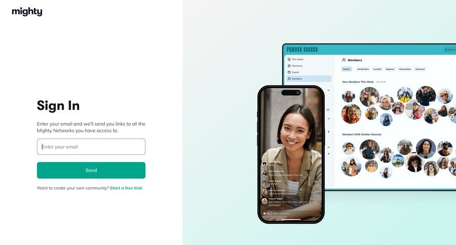 Mighty
			 onboarding form user authentication split screen content discovery login sign in social feed ui page example
