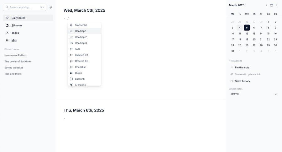 Reflect
			 sidebar navigation full-screen layout note creation sidebar information page detail view item details info view chonology time picker menu time selector ui page example