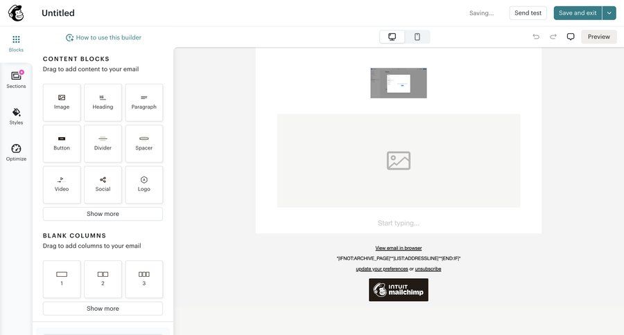 Mailchimp
			home actions design editor marketing automation ui page example