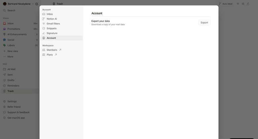 Notion Mail
			export account settings data management settings sidebar navigation account management automation account setup data export account settings email management ui page example
