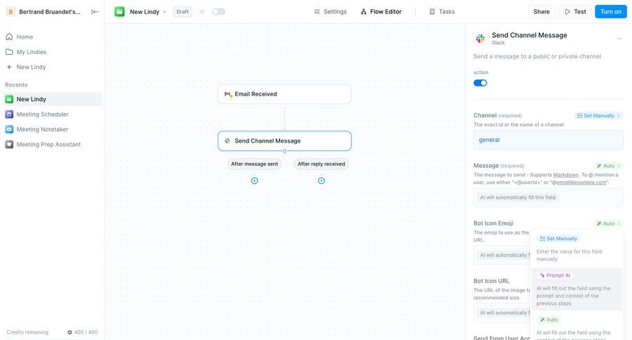 Lindy
			 configuration settings sidebar navigation workflow form automation workflow automation integration setup workflow configuration ai assistance sidebar integration configuration screen ui page example