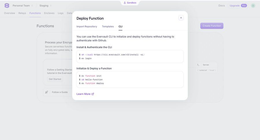 Evervault
			 onboarding instructions deploy detail view item details documentation version control code snippet ui page example