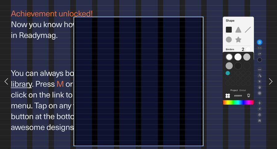 Readymag
			 grid onboarding design color palette dark ui edit mode ui page example