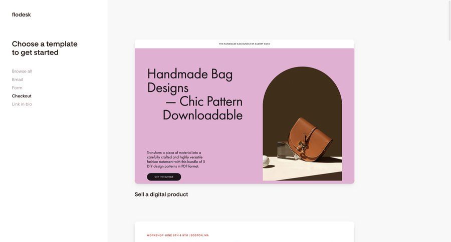 Flodesk
			 e-commerce grid design templates template library product discovery template selection content hierarchy free templates checkout screen modern newsletter signup ui page example