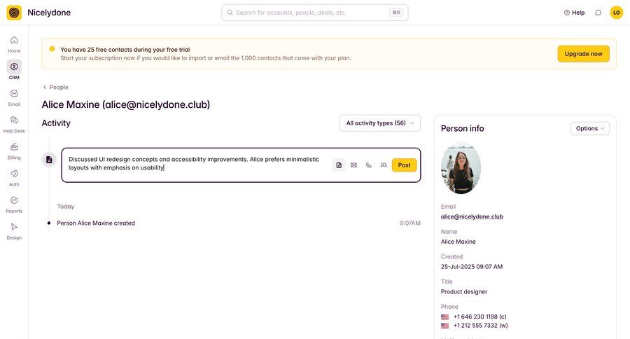 Outseta
			profile detail page activity feed account setup full-screen layout attachment activity tracking dropdown filters sidebar alert ui page example