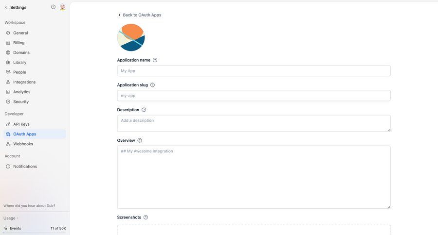 Dub
			 authentication modern file upload settings form sidebar navigation configuration create workspace settings full-screen layout oauth integration ui page example