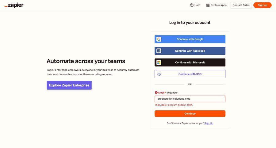 Zapier
			signin form error state form automation authentication full-screen layout login ui page example