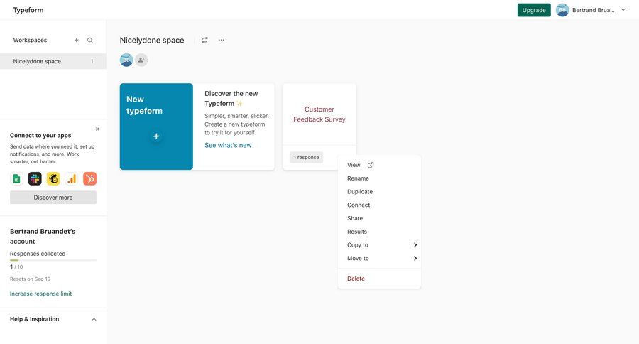 Typeform
			 delete form data management dashboard account management form account setup workspace management sidebar menu modern ui page example