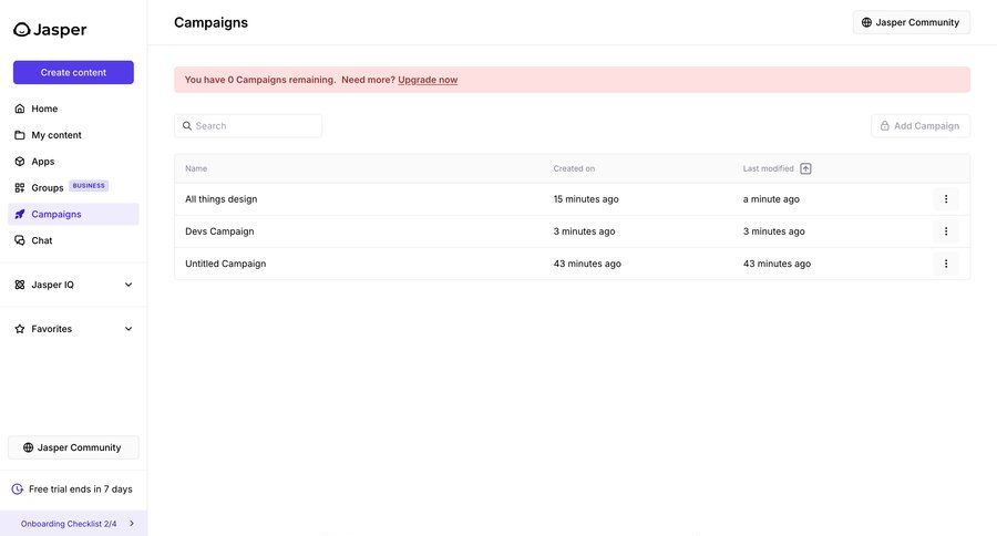 Jasper
			list plans & pricing (in app) table content management dashboard sidebar navigation campaign management menu table campaign creation ui page example