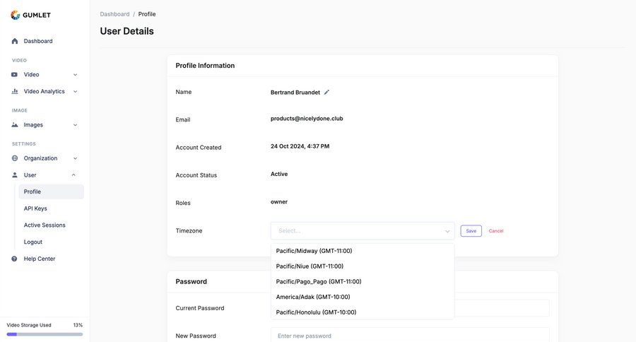 Gumlet
			 settings sidebar navigation account management form user settings account security save changes user role user profile user change password password update profile page timezone selector suggestion cancel changes ui page example