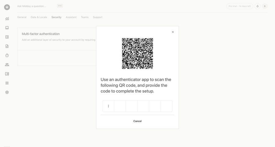 Midday
			settings security multi-factor authentication (mfa) configuration settings onboarding form account setup authentication security setup ui page example