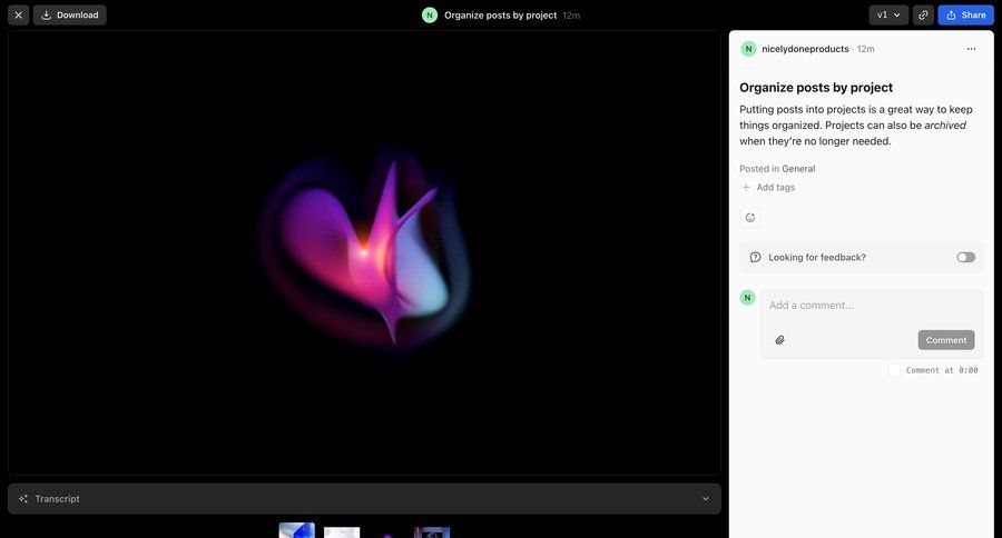 Campsite
			 collaboration team collaboration project management content sharing tagging dark theme video player menu download media player transcript ui page example