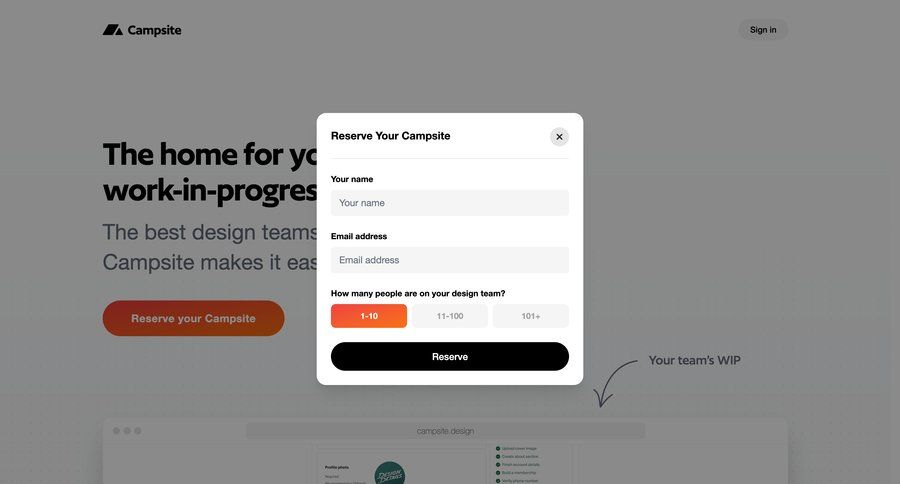 Campsite
			modal & popover waitlist progress ui page example