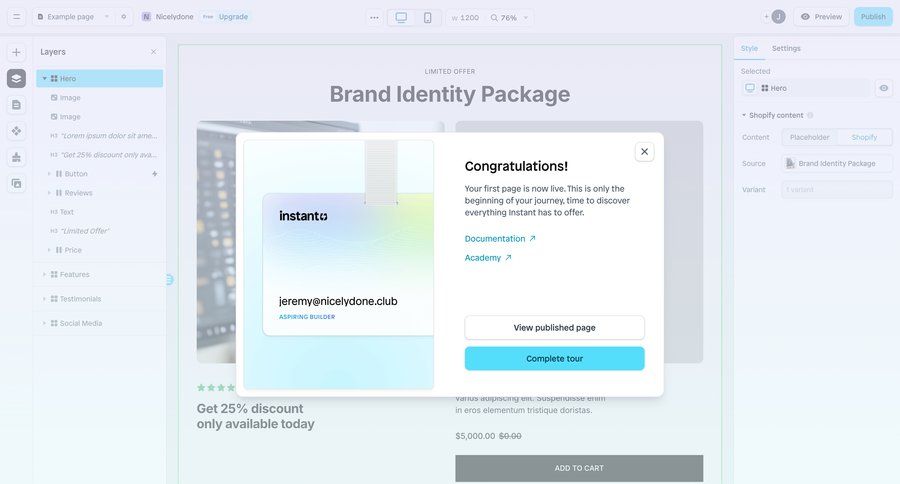 Instant
			 e-commerce grid onboarding confirmation rounded corners setup on boarding testimonials confirmation message ui page example