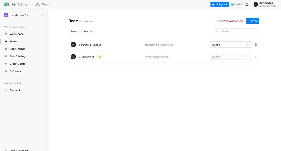 Clay
			 settings team collaboration sidebar navigation user management delete account setup workspace settings account settings user access control table ui page example