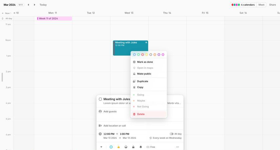 Amie
			detail page calendars popover modal screen delete calendar management product details item details menu location map duplicate meeting time management event management ui page example