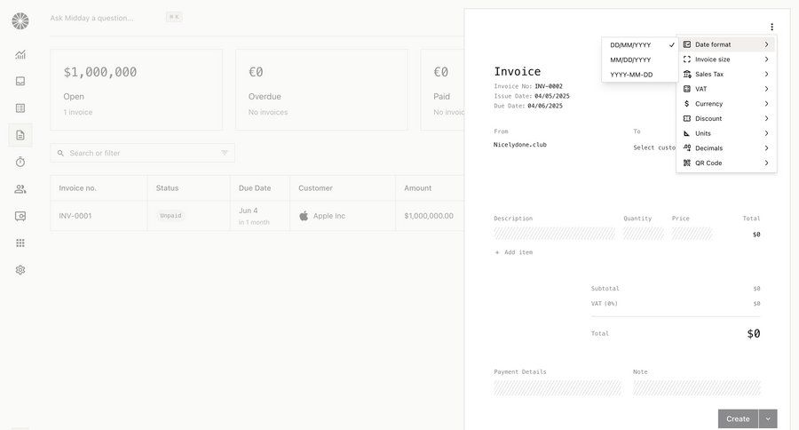 Midday
			 grid form finance full-screen layout document creation form layout create menu table b2b saas ui page example