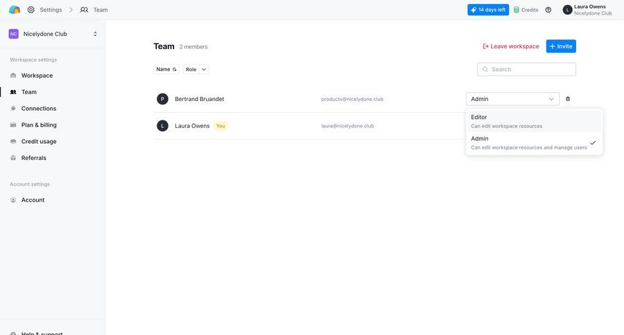 Clay
			 settings team collaboration sidebar navigation account setup workspace settings account settings access control menu configuration screen permissions ui page example