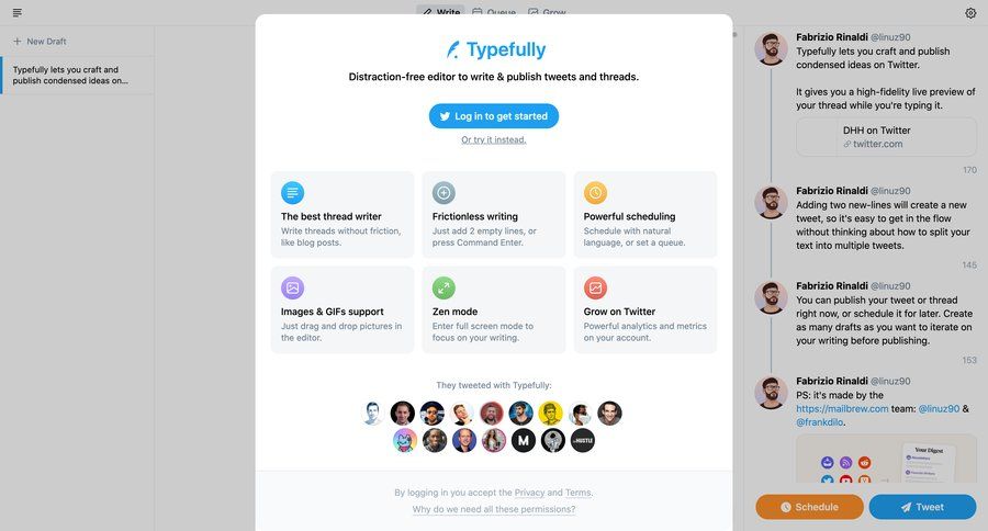 Typefully
			 content management onboarding account creation content scheduling login call to action modern analytics ui page example