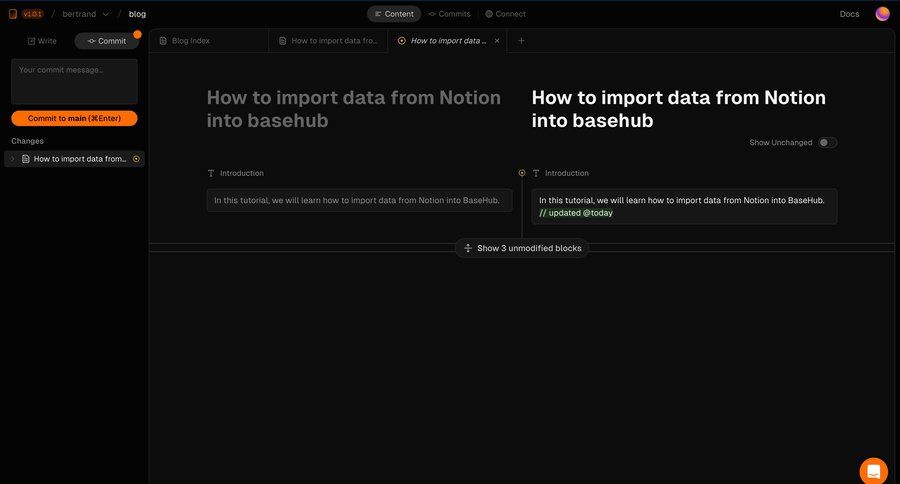 Basehub
			 content management editor split screen import data content management system code editing data import version control ui page example