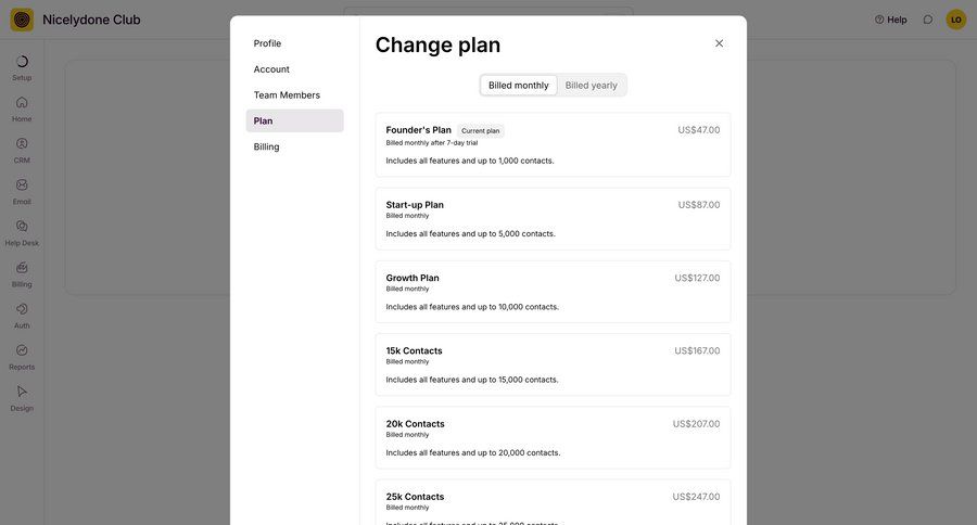 Outseta
			 settings account management account settings subscription management plan comparison price ui page example
