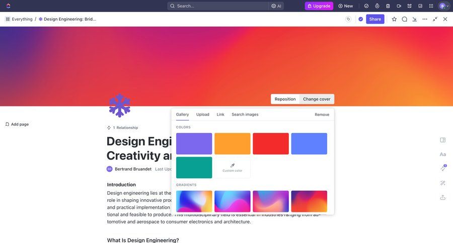 ClickUp
			 settings design upload image color selection image gallery ui page example