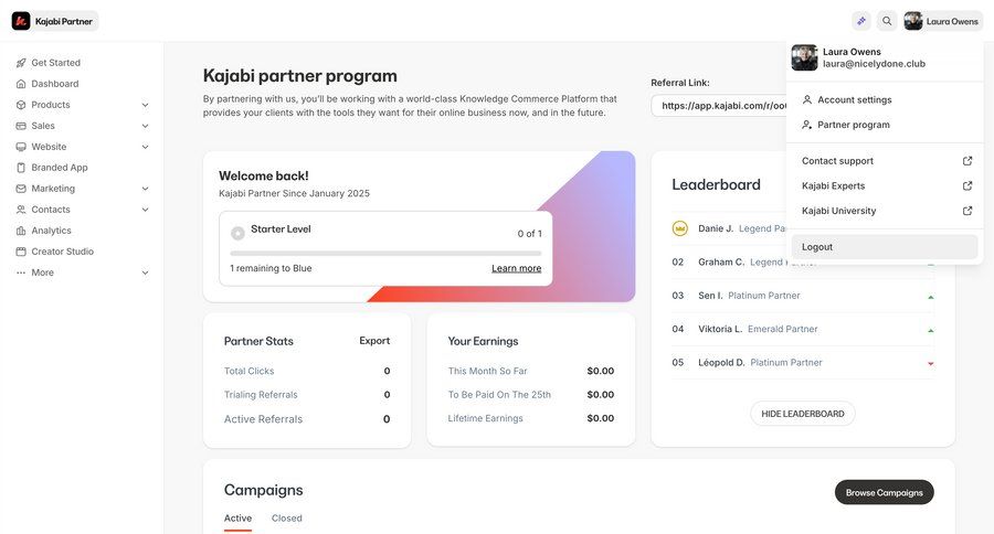 Kajabi
			 dashboard sidebar navigation onboarding user account campaign management navigation menu menu partners experts progress bar modern ui page example
