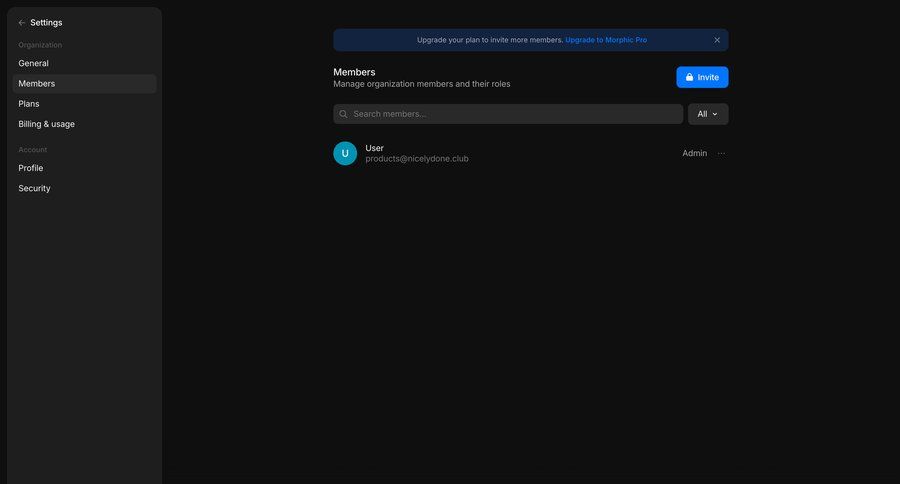 Morphic
			 settings team collaboration sidebar navigation user management account management account settings subscription management minimalist design user data sidebar search bar organization settings team management ui page example